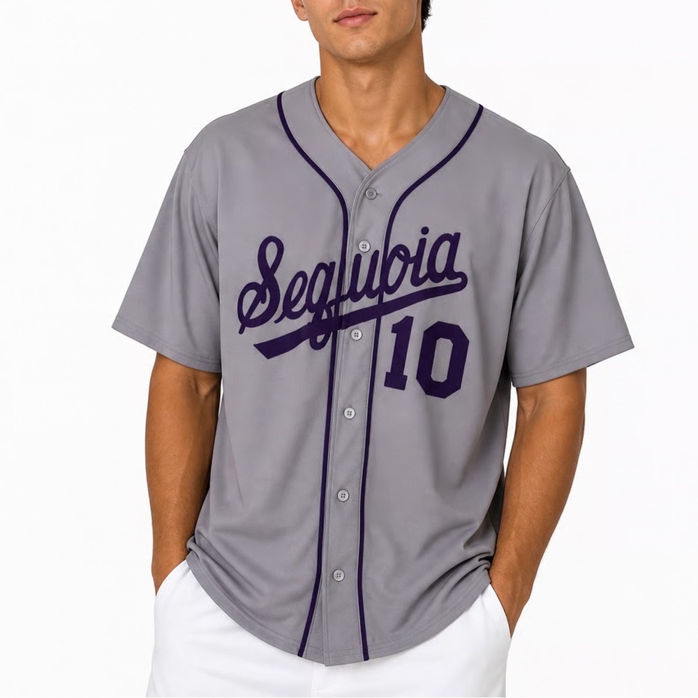 Vintage DeLONG Sequoia 10 Baseball Jersey Grey Purple 90s Made in USA XL